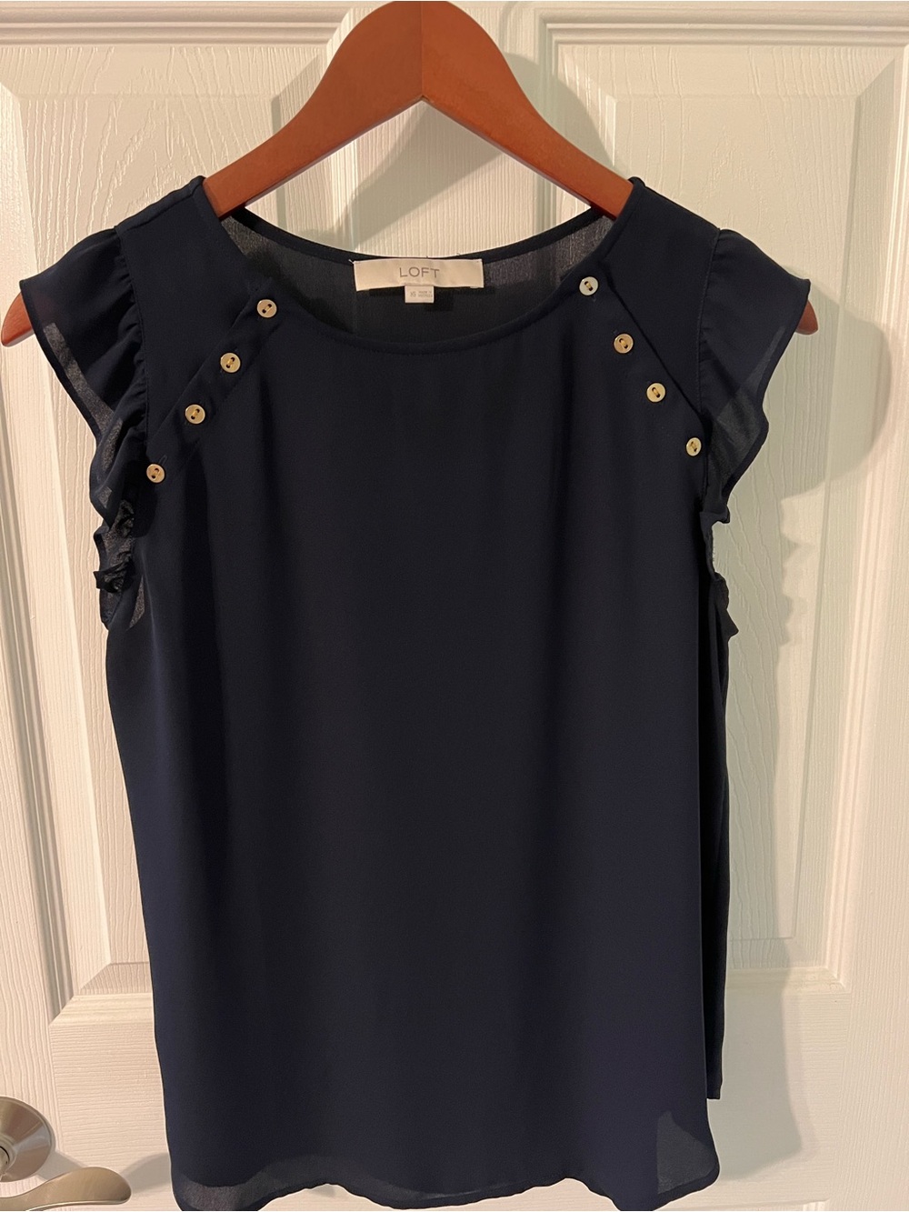 LOFT Navy Ruffle Sleeve Shell with Gold Buttons
